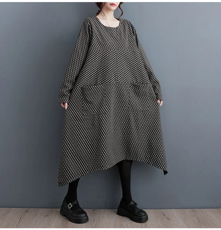 Vestido tipo bata por debajo de la rodilla asimétrico con estampado de cuello redondo y manga larga, vestido Irregular Vintage holgado con cuello redondo y bolsillos