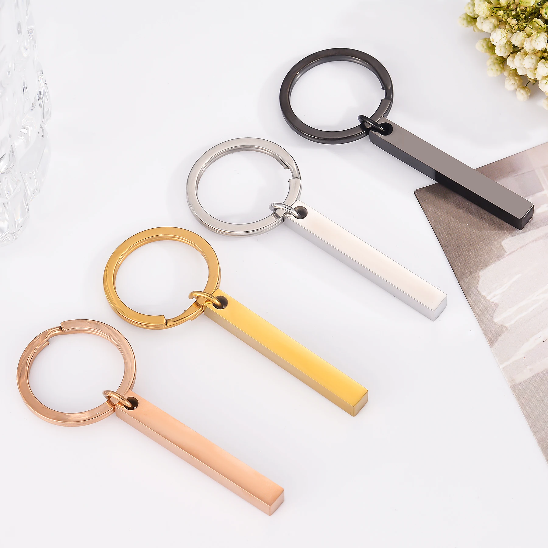 10Pcs Wholesale Bar Rectangle Stainless Steel Keychain Dog ID Tag Blank Stamping Mirror Polishing Metal Pendant Keyring