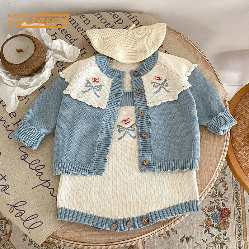 0-3Yrs Baby Girls Long Sleeves Sweet Flower Knit Cardigan Coat + Rompers Clothing Set Infant Kids Baby Girls Children\'s Suit