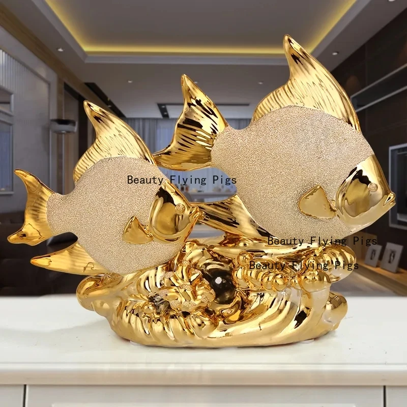 

Ceramic Creative Golden Couple Fish Statue Home Living Room Office Crafts Wedding Decoration Ornament