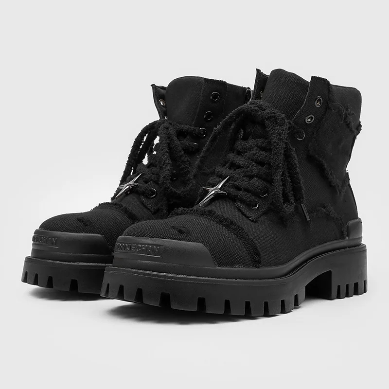 Bottes montantes à plateforme pour hommes, à semelle épaisse, décontractées, de travail, en toile, de combat, résistantes à l'usure, avec semelle à crampons, pour l'extérieur et la randonnée