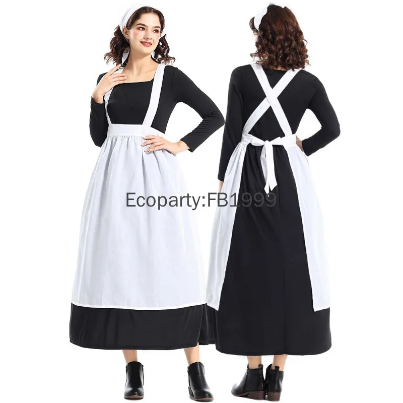 2024 Retro Farm French Manor Maid Costume For Women Medieval Vintage Black Long Dress With Apron Ladies Halloween Party Outfits