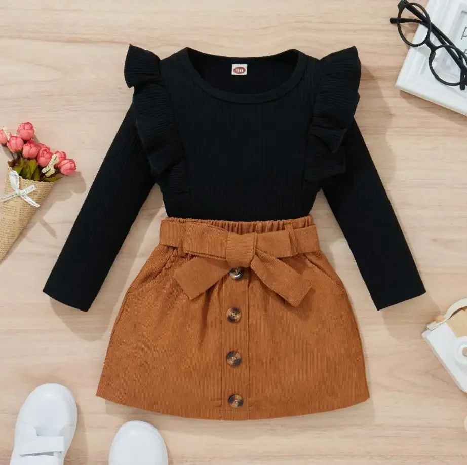 Toddler Girl Autumn Skirt Set Solid Color T-Shirt Tops Corduroy Mini Skirt Outfits Vintage Fashion Girls Fall Clothes Set