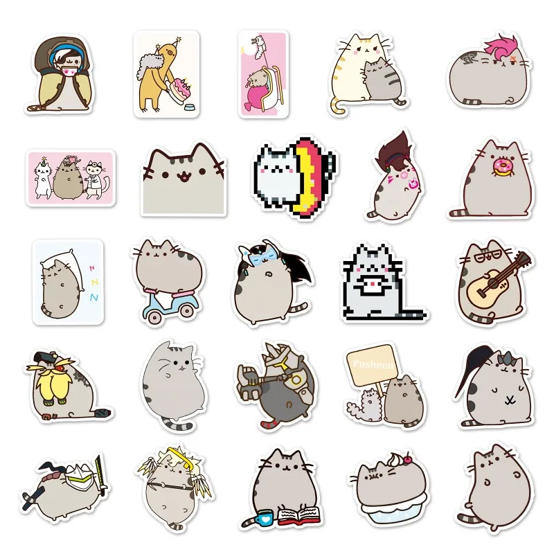 Pusheen Cat Stickers 50PCS DIY Phone Case Boot Laptop Decorations Sticker Cartoon Anime Children\'s Toys Kids Birthday Cute Gifts