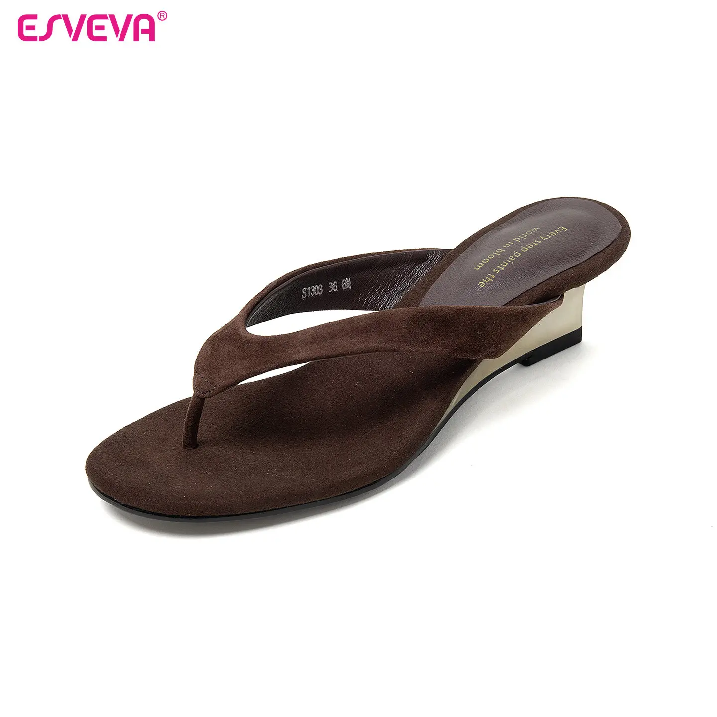 ESVEVA 2026 Fashion Kid Suede Women Summer Sandals Shoes Wedge High Heels Round Toe Flip-flops Sandals Casual Shoes Dress 34-40