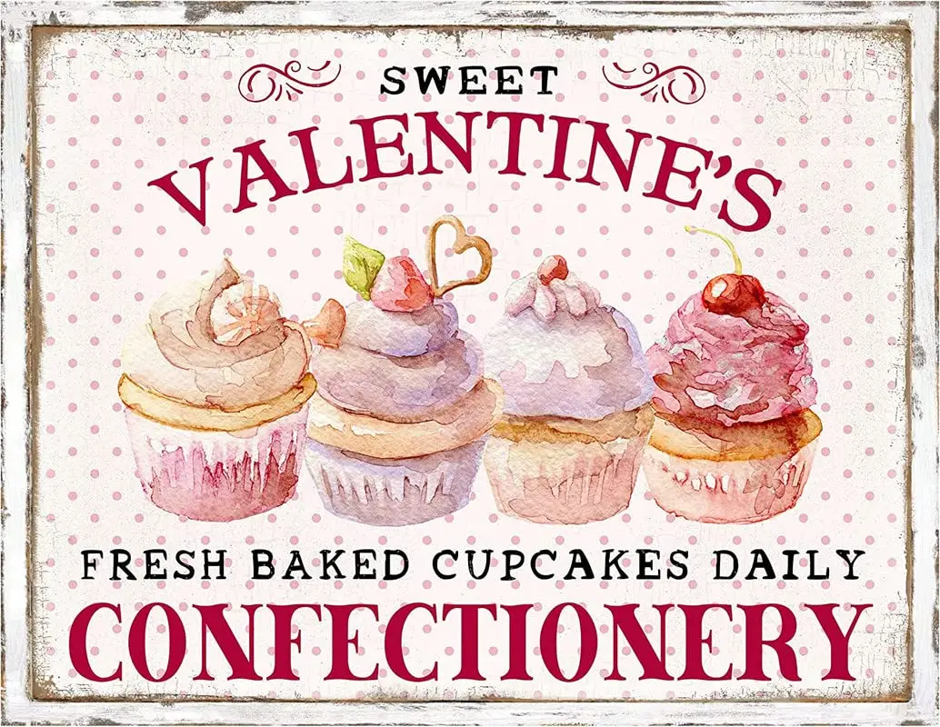 Valentines Day Sign, Cupcake Wreath, Sweet Treat Attachment Retro Metal Tin Sign Vintage Sign for Home Coffee Wall Decor 8 x 12