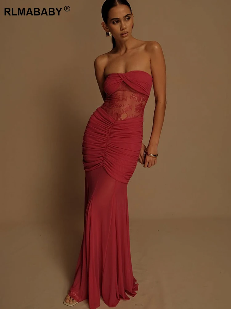 RLMABABY セクシーなパッチワークストラップレス女性スリムマキシドレス夏のレースメッシュスプライシングバックレスカットアウトシャーリングパーティーロングドレス