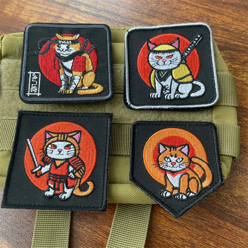 Japan Samurai Cat Anime Patch for Clothes Hook and Loop Patches Backpack Tactical Equipment Cartoon Emblem Embroidery Stickers