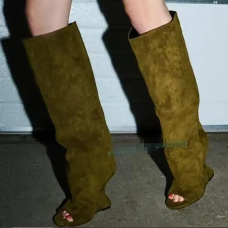 Zapatos de Mujer, Botas de Mujer de 9 cm, Nuevo Diseño Exclusivo, Botas con Tacón de Cuña en Forma de Boca de Pescado, Botas Modernas, Versátiles y Elegantes