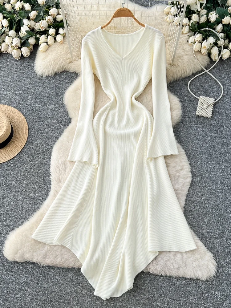 Franse Sle Hoge Taille Gebreide Dr Dames Herfst Winter Innerlijke Slijtage Asymmetrische Bell Sve V Ne Dr Ci Pendelen