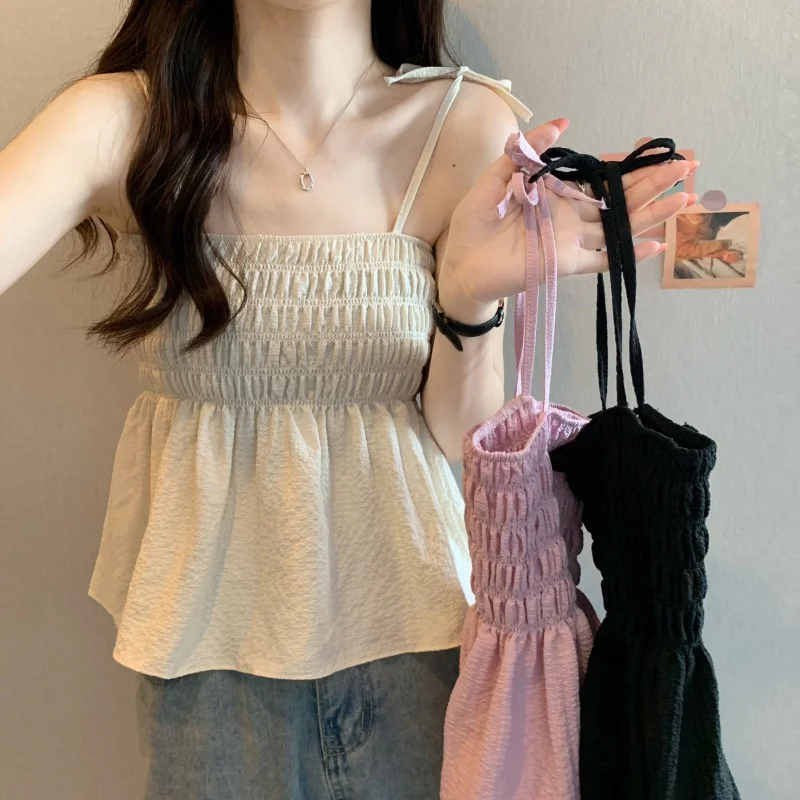 Korean Version of Fashionable and Sweet Seaside Suspender with a Thin Solid Color Top for Women