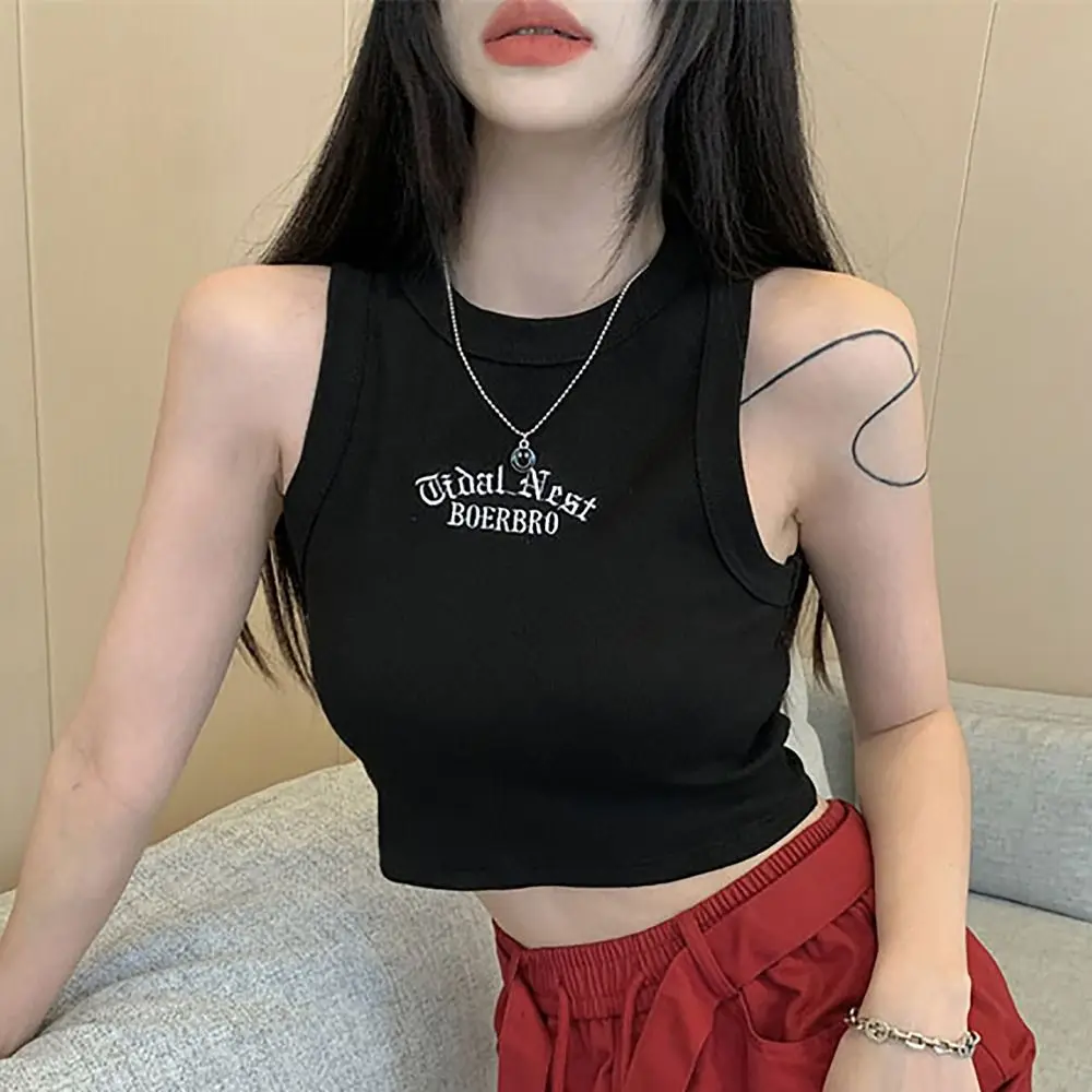 بلوزة بسيطة مرنة بدون أكمام إصدار نحيف S M L مطرزة بحمالة رياضية للفتيات والنساء