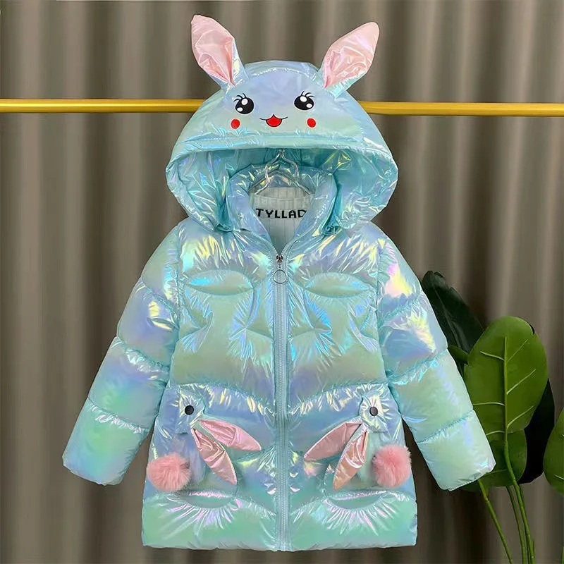 2025 Winter Jacket For Girls Coat Cute Rabbit Ears Waterproof Shiny Hooded Children Outerwear 1-6 Year Baby Kids Parkas Snowsuit