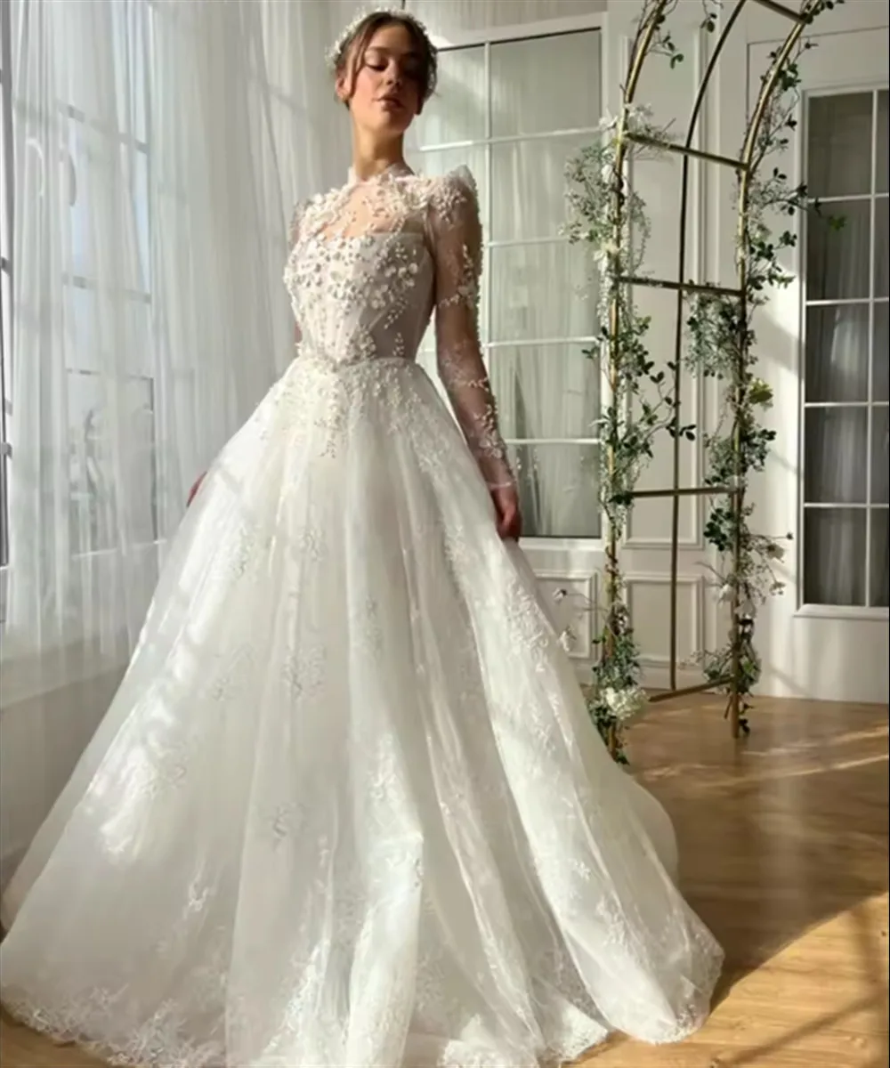 

Customized Wedding Dress Appliques Pearl Cut-out Floor-Length Mesh Long Sleeves Bridal Gown Formal Evening Prom Dress Birde Gown