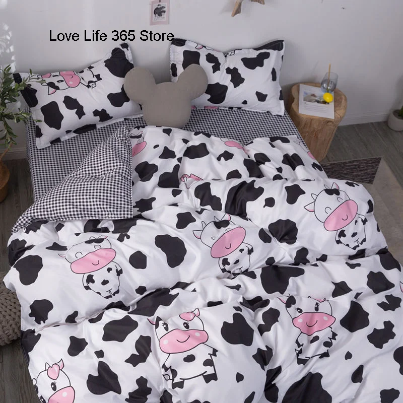 Black And White Cow Stripe Bedding Set Cartooon Cute animals Full Size For Kids Adults Trellis Bed Sheet With Pillowcases