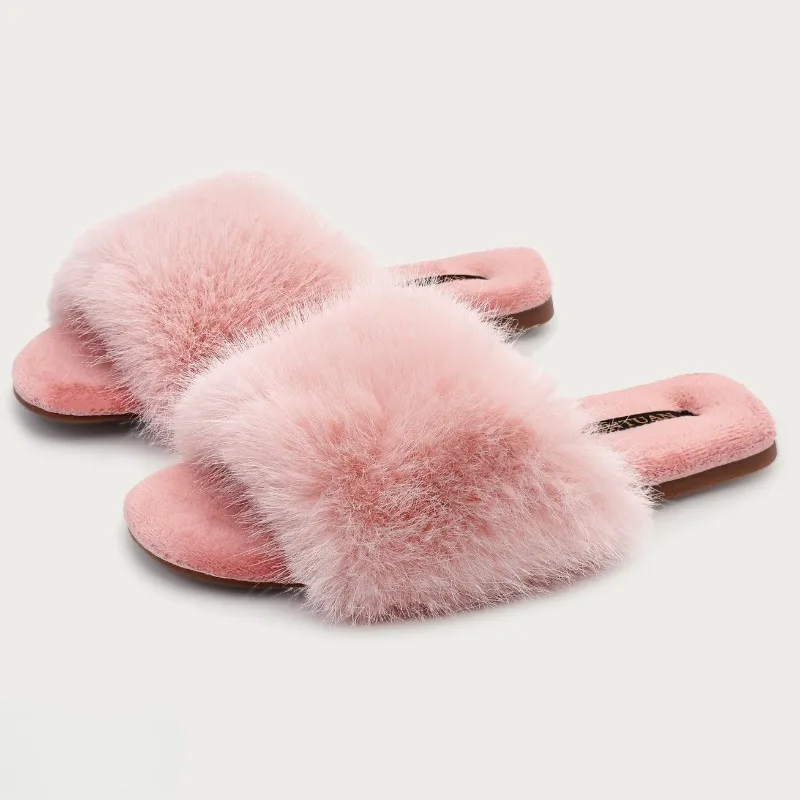 

Winter Fluffy Slippers Women Sweet Open Toe Non-slip Plush Indoor Cotton Shoes Pink Fashion Comfy Warm Flat Home Slippers Women