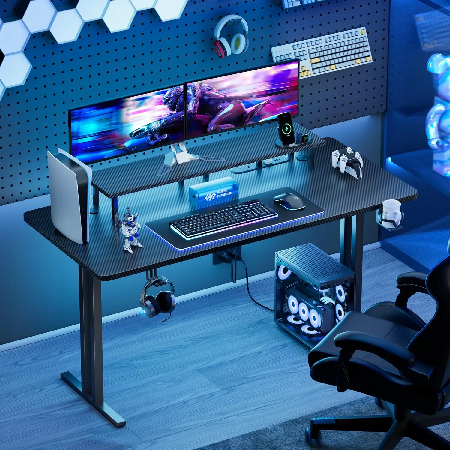 63 Inch Gaming Desk LED Lights Cable Management Carbon Fiber Desk 5 Sockets Monitor Stand Cup Holder Headphone Hook, Customized