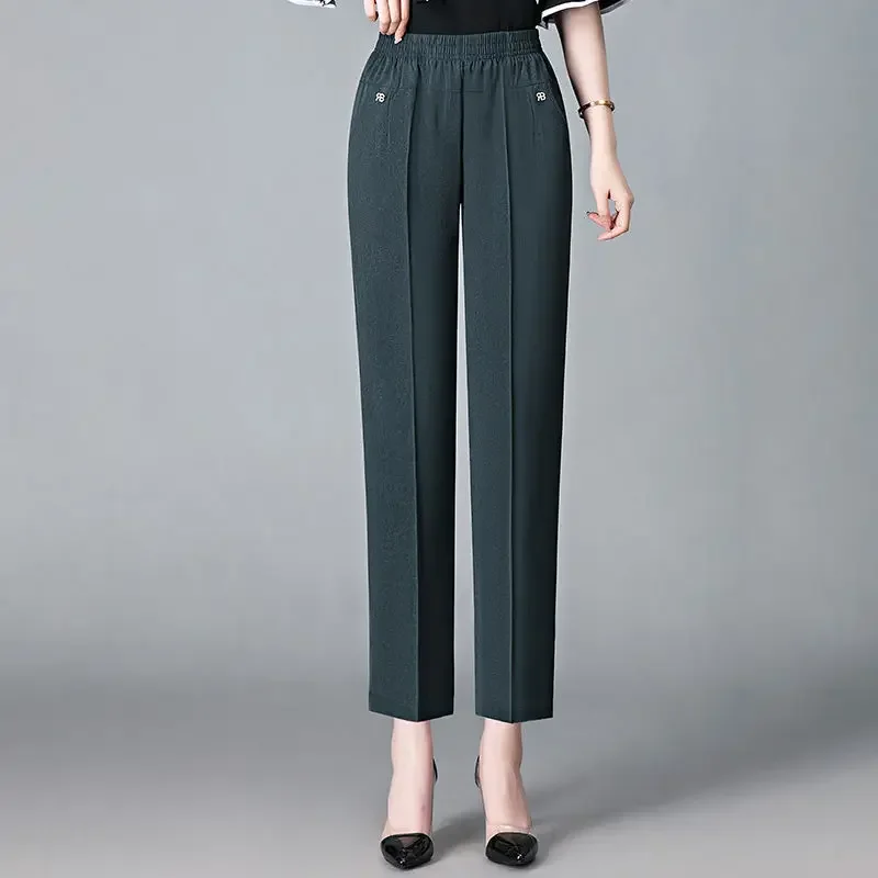 Women's Clothing Solid Color Rivet Elastic Pockets High Waisted Casual Fashion Trousers Straight Trouser Suits Trendy Pants