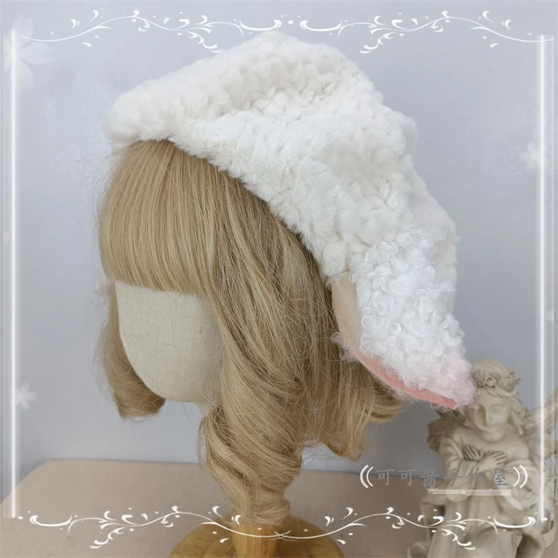 Lamb Ears Beret Cloud Hat Plush Sheep Ear Hat Lolita Lambswool Milk White Cute Lolita