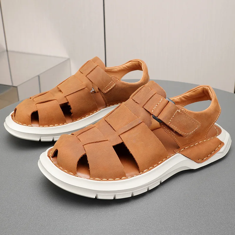 

New Summer Men's Hook Loop Hollow Out Light Casual Thick Soled Leather Sandals Breathable Beach Shoes Young Man