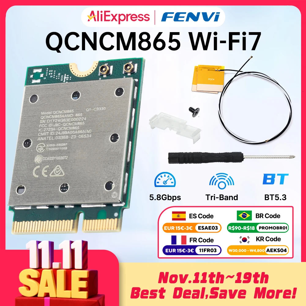 Fenvi WiFi 7 QCNCM865 carte M.2 Bluetooth 5.3 jusqu'à 5.8Gbps avec antennes adaptateur réseau sans fil WiFi 6E WiFi6 pour Windows 11