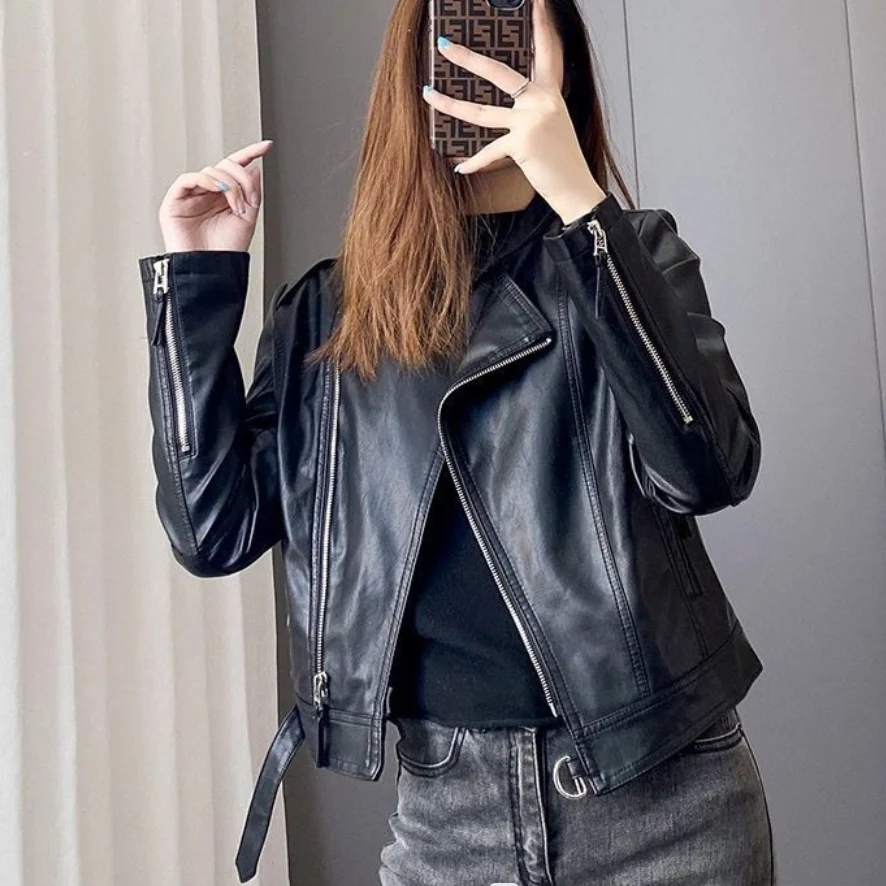 Women\'s PU Leather Jacket with Belt, Short Coat, Stand Collar, Motorcycle Washed Leather Jacket, Spring, New, High Quality, 2024