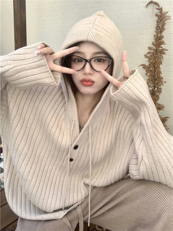 

Вязаный свитер с капюшоном Laid-ba Sle, свободная верхняя одежда больших размеров, корейская версия, осень-зима, Thiened из полиэфирного волокна