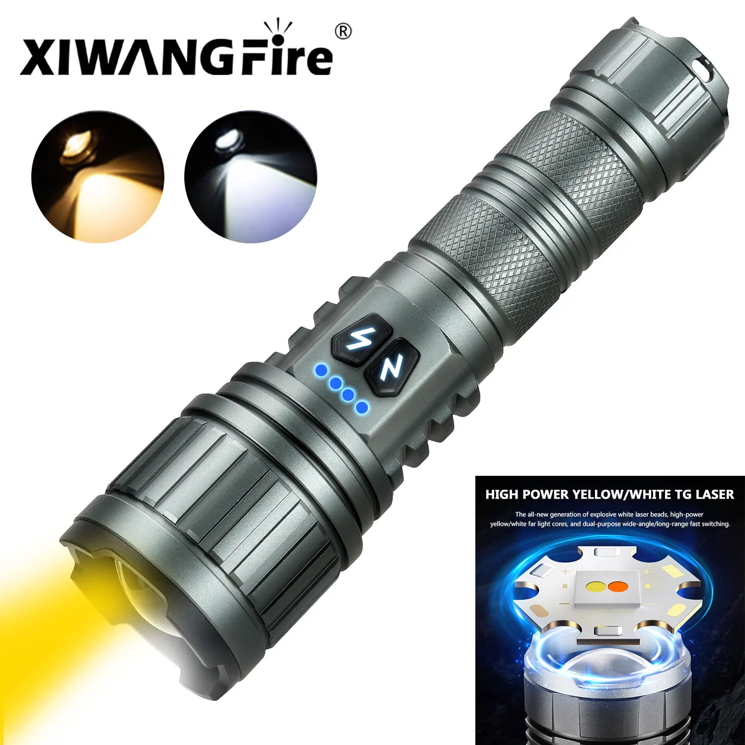 

XIWANGFIRE Super Bright Flashlight Long Range LED Light Dual Colors Source Spotlight USB Charging Waterproof Portable Camping