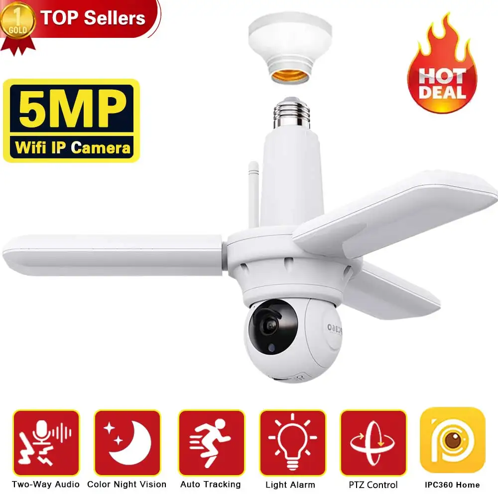 

Smart 5MP WIFI Security Camera E27 Bulb Floodlight 2K HD Video Wireless Surveillance IP Cameras Wi-Fi PTZ Home CCTV Night Vision