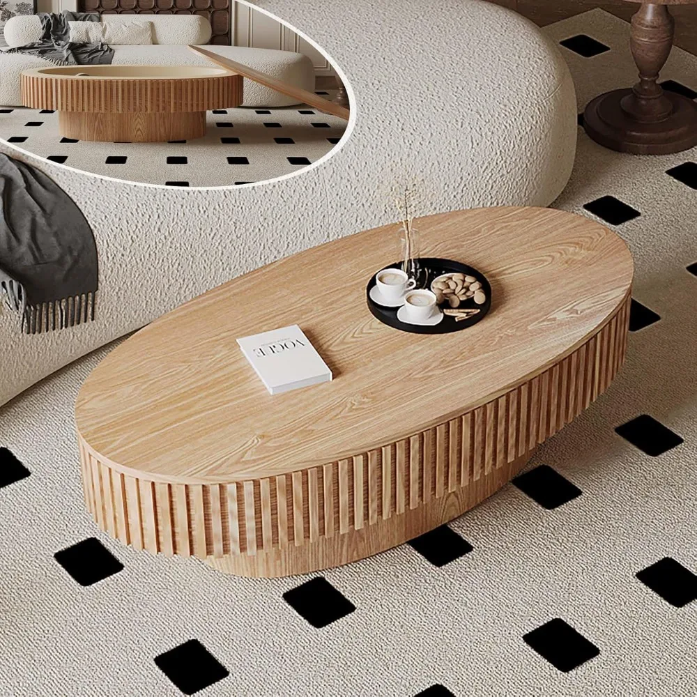 

Oval Coffee Table with Storage, Modern Wooden Coffee Table with Solid Wood Veneered