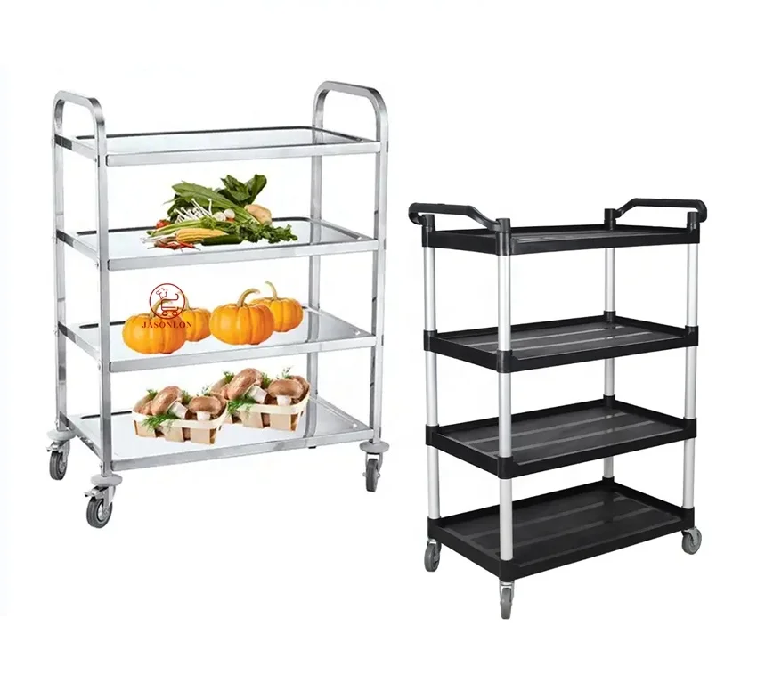 

4 Tiers Stainless Steel Buffet Trolley Square Tube Antique Foldable Kitchen Serving Carts for Restaurant Hotel Use