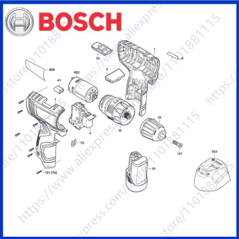 

Блок управления корпусом переключателя, редуктор, безключевой патрон, мотор-винт для аккумуляторной дрели-шуруповерта Bosch GSB120-LI