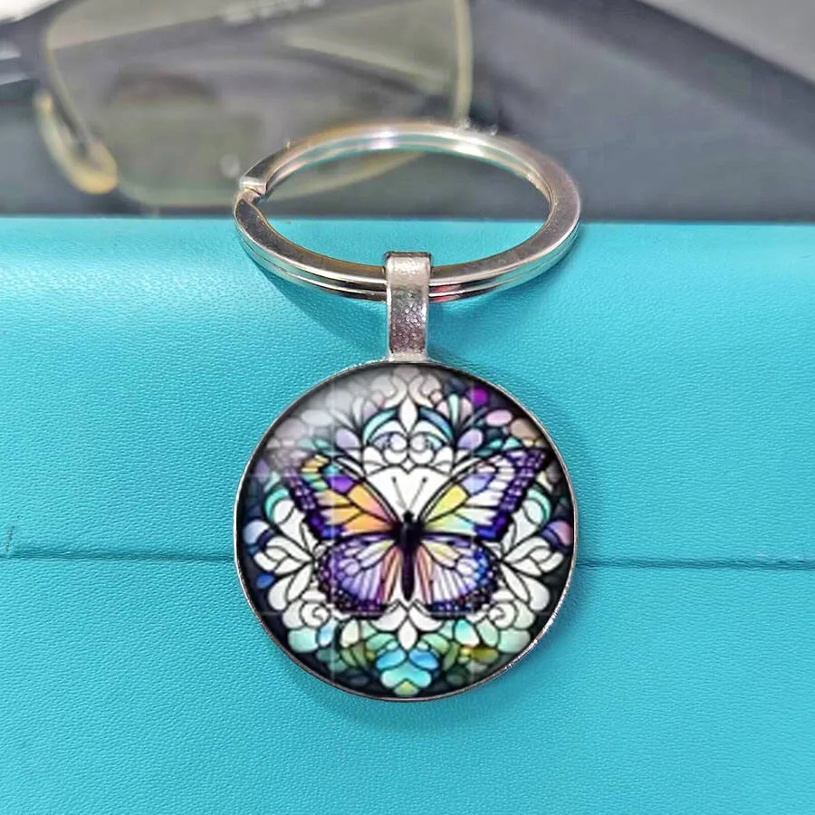 Delicate Vintage Lace Line Pattern Background Butterfly Glass Cabochon Keychain,  Elegant Retro Romantic Decorative Key Carry