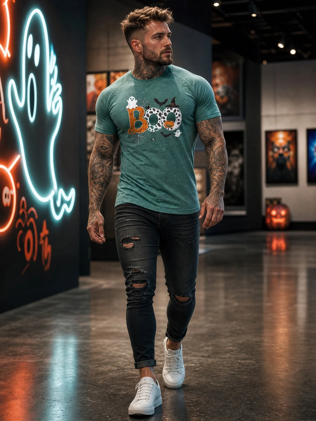 Men's lightweight sports T-shirt, ghost batwing print with high elasticity short sleeves, cycling and fitness casual wear