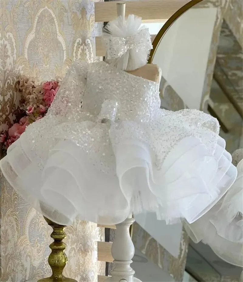 Robe à paillettes à manches longues pour bébés filles, robe moelleuse, tenue de célébrité, blanc, rose, anniversaire, princesse, à la mode, 2024