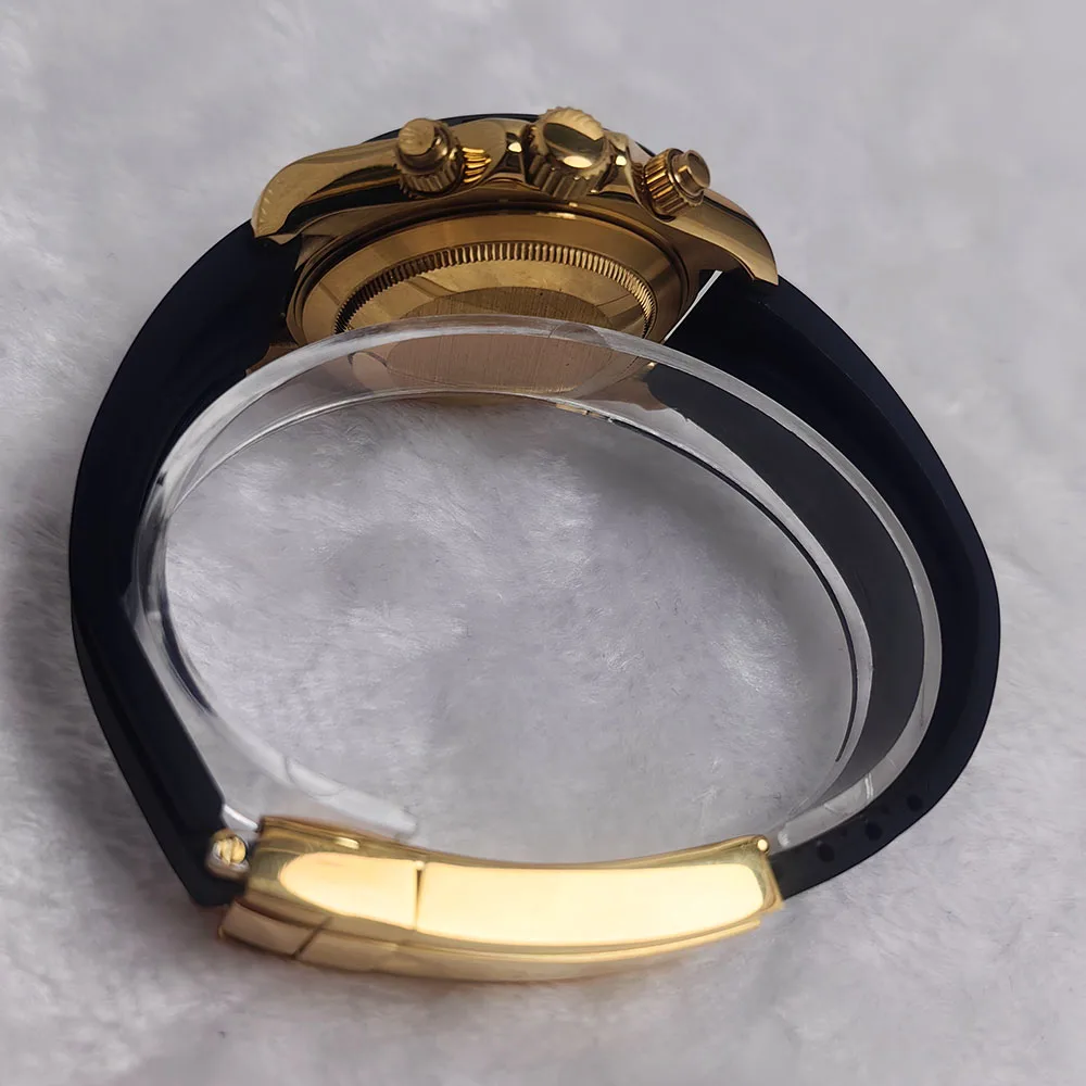 Caja de acero inoxidable dorada para reloj de 39,3 MM, hebilla deslizante dorada de goma suave negra para piezas de montaje de reloj de movimiento vk63
