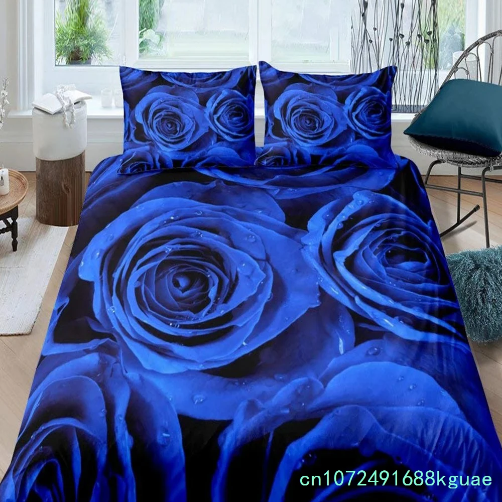 Blue Rose Floral King Queen Duvet Cover 3D Blossom Flowers Bedding Set Valentine's Day Quilt Cover Botanical Comforter Cover