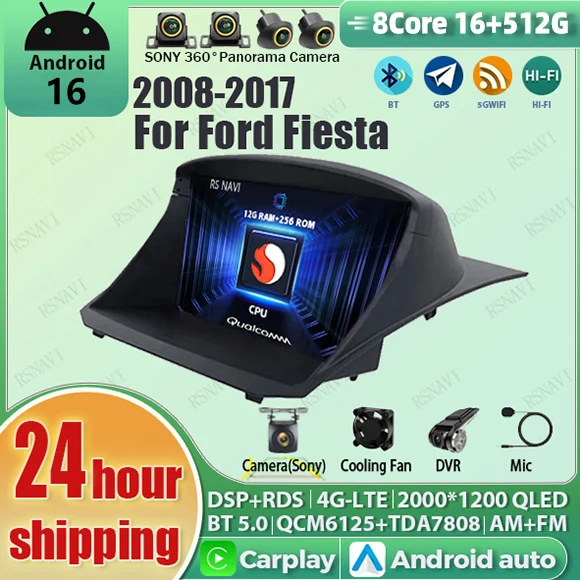 Android 16 Carplay Auto Qualcomm 2K QLED Bildschirm Autoradio für Ford Fiesta 2008-2017 GPS DSP Stereo BT WIFI Navigation 4G