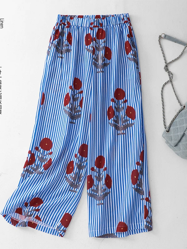 

High Waist Wide Leg Pants Women's Summer Vacation Style Loose Casual Long Trousers Striped Print Casual Loose Fit Ladies Trou...