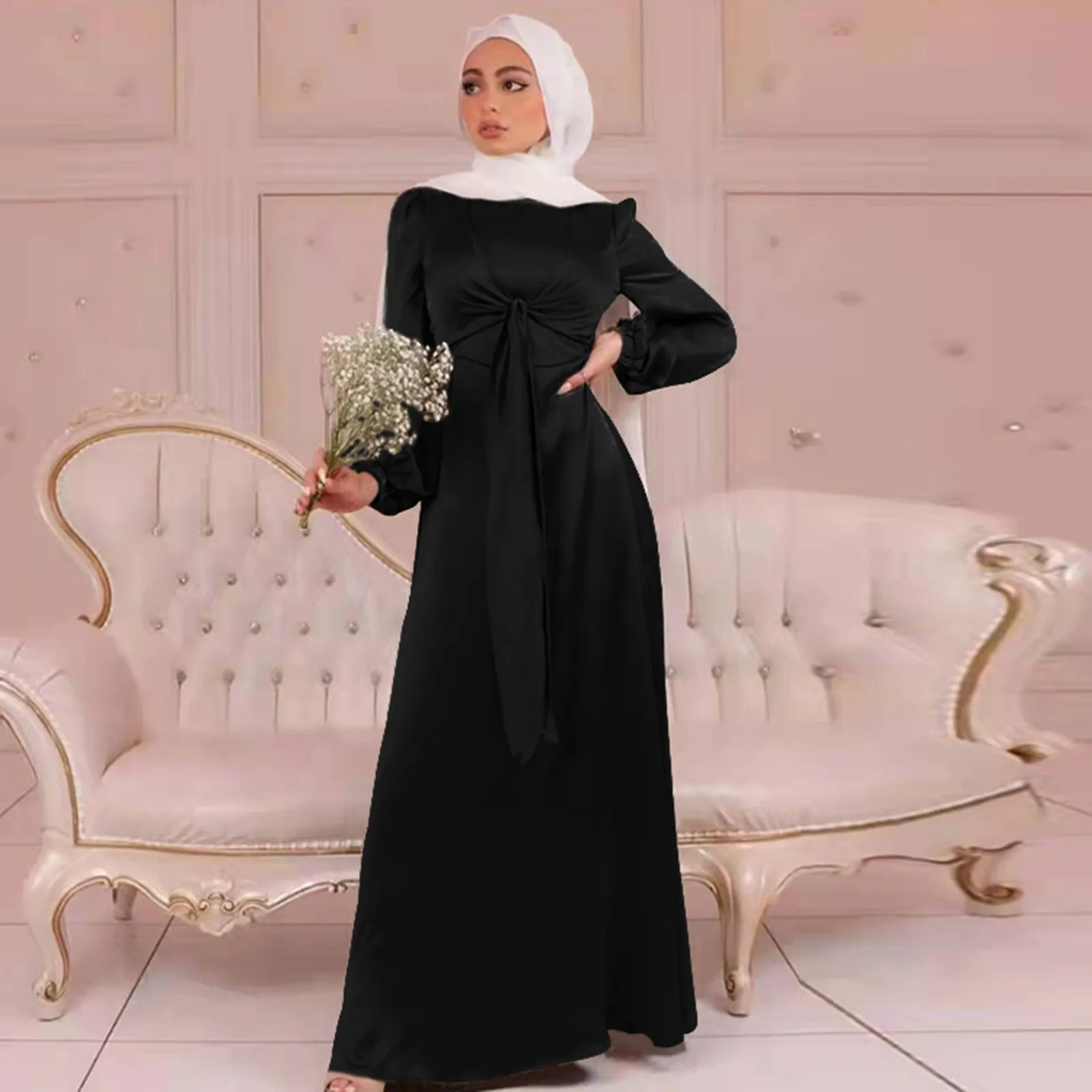 Women Muslim Satin Dress Soft Elegant Solid Long Dress Loose Waist Lace Up Casual Elegant Party Dress Hijabs for Girls S-2XL