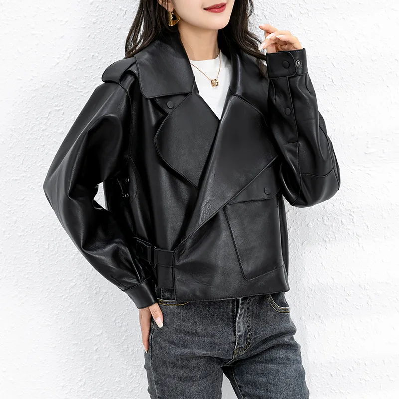 Top Women Roupas Winter European Style Genuine Leather Coat Female 100% Natural Skin Loose Short Locomotive Jassen Suit Collar