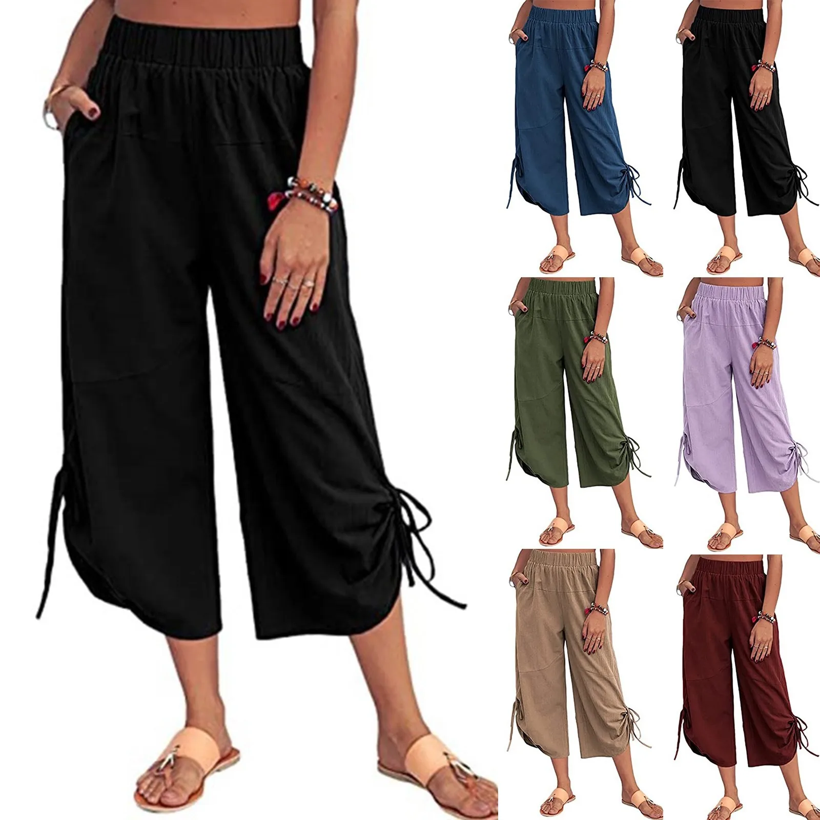 Women'S Capri Pants Causal Loose Solid Color Elastic Waist Capri Pants Drawstring Straight Wide Leg Seventh Pants With Pockets