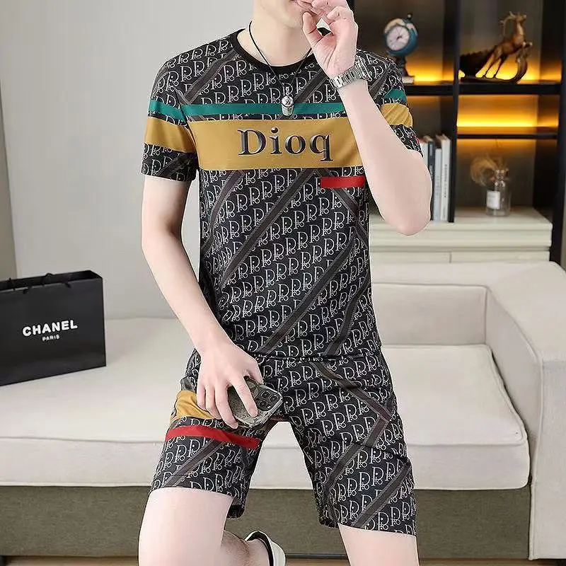 Fashion Short-sleeved Two-piece Summer Casual New Men's Suit T-shirt Shorts Youth Breathable Handsome Floral Tracksuit