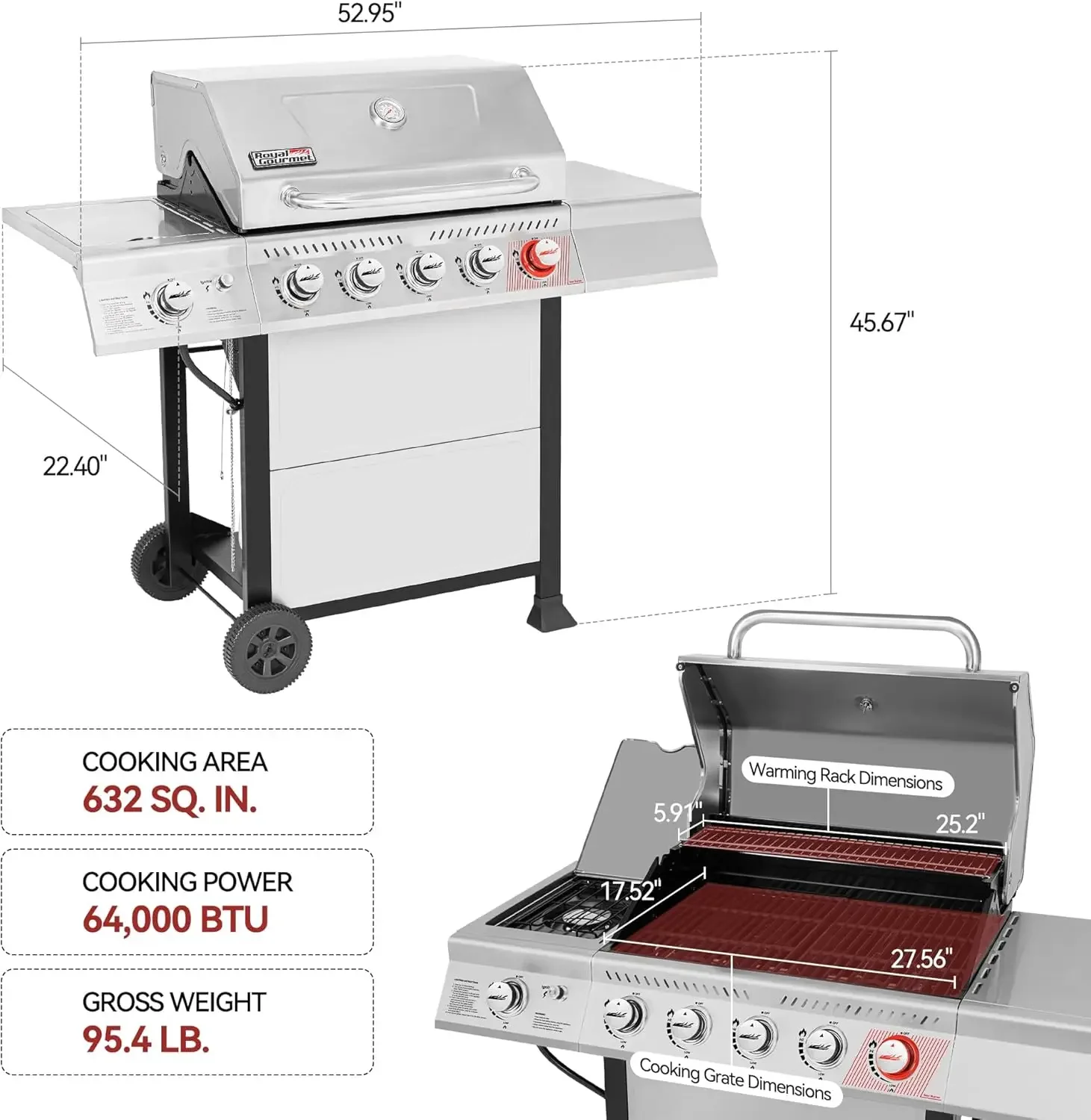 5-Burner Propane Gas Grill with Sear Burner and Side Burner, Stainless Steel BBQ Grill with 632 Sq. In. Gr