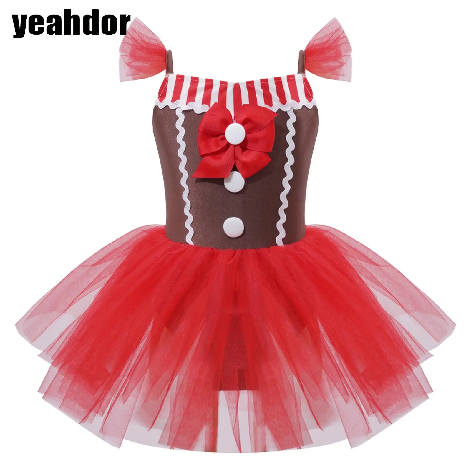 

Girls Christmas Gingerbread Man Costume Candy Cane Stripe Bowknot Ballet Tutu Leotard Dress Sleeveless Santa Claus Skating Dress
