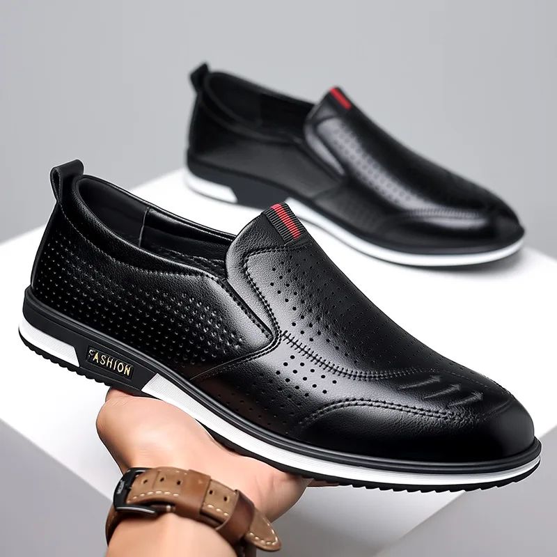 Convenient Perforated Breathable Holes Men\'s Shoes 2023 Summer New Male Sandals Genuine Leather Business Loafers for Men