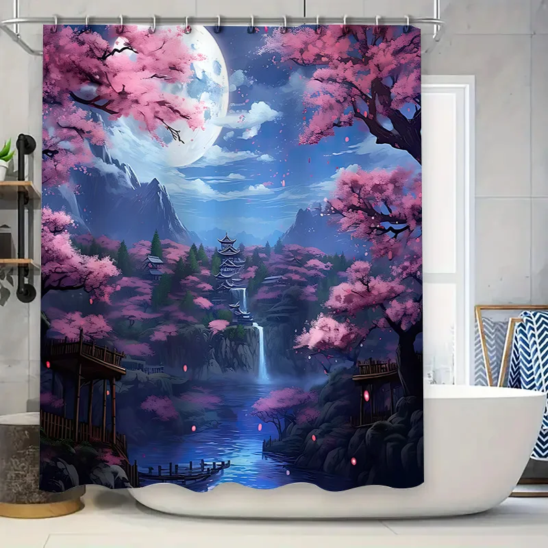 ‌ أزهار الكرز اليابانية الساحرة ليلة القمر الكامل ‌ ‌ يفتن مشهد ستارة دش مقاومة للماء ديكور الحمام