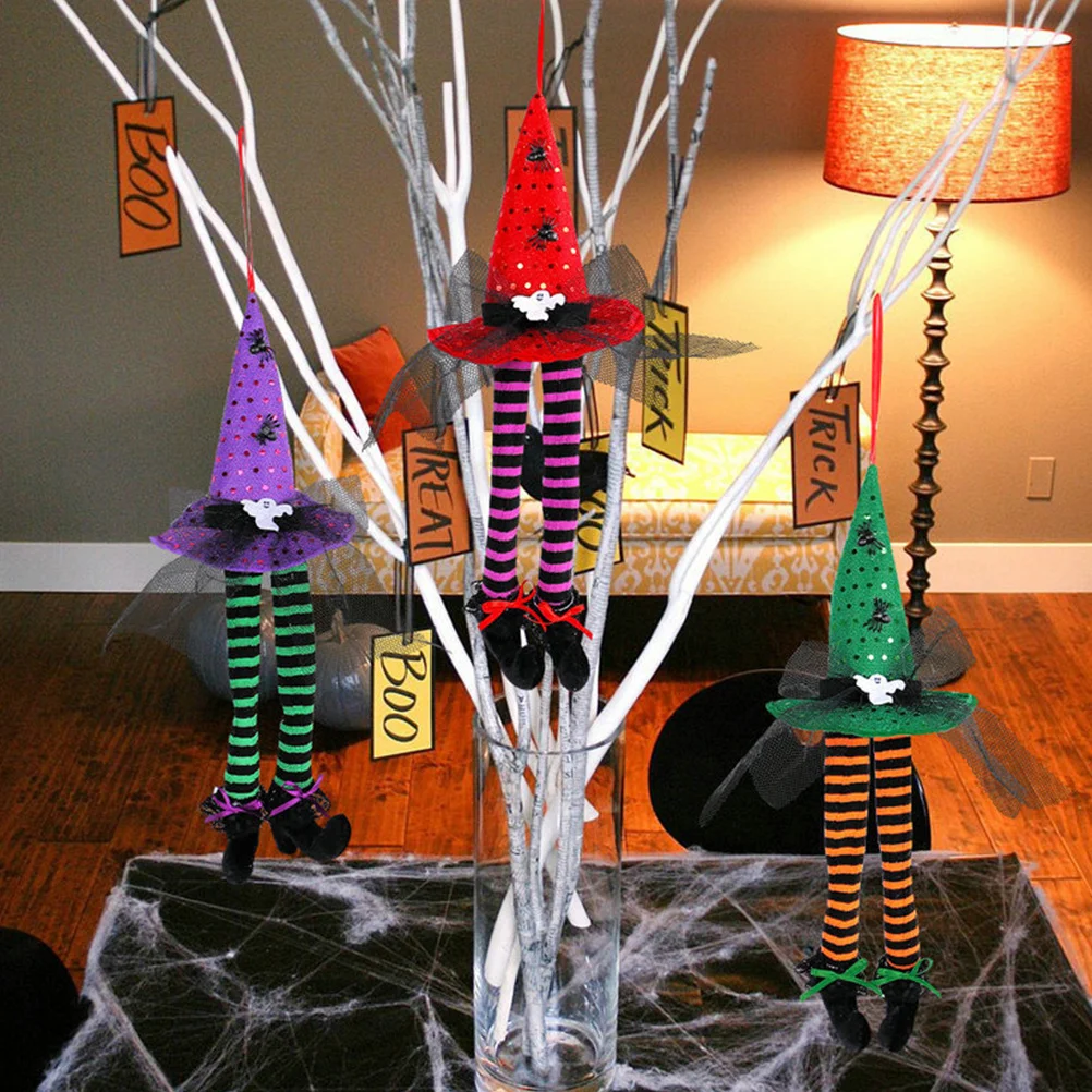 

3pcs Halloween Witch Hat Long Legs Hanging Decor Stuffed Boots Ornament For Front Door Party Outdoor Indoor Garden Wreath Props