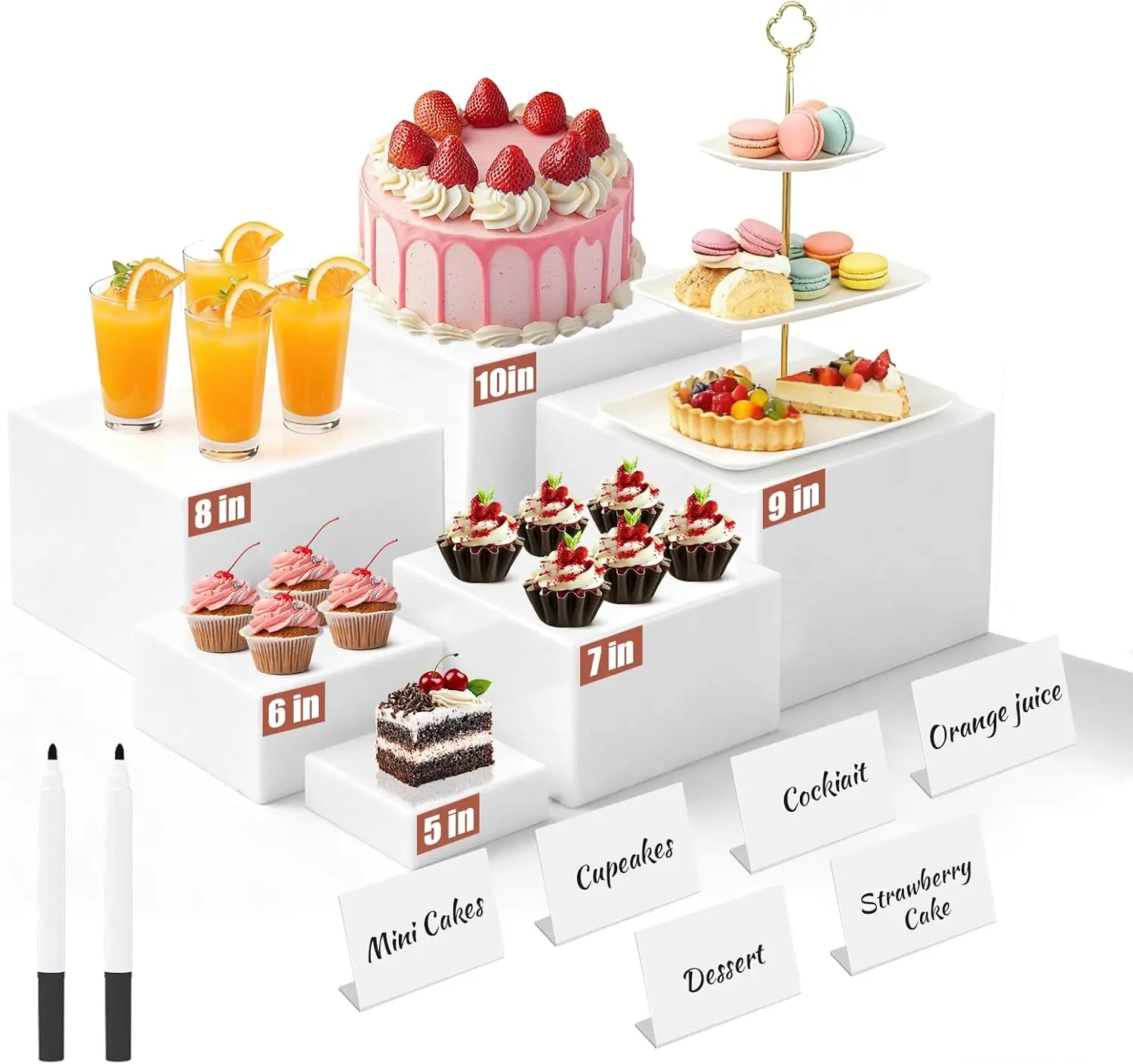 

6Pcs Acrylic Buffet Risers with Mini Sign, White Nesting Cube Boxes for Dessert Display