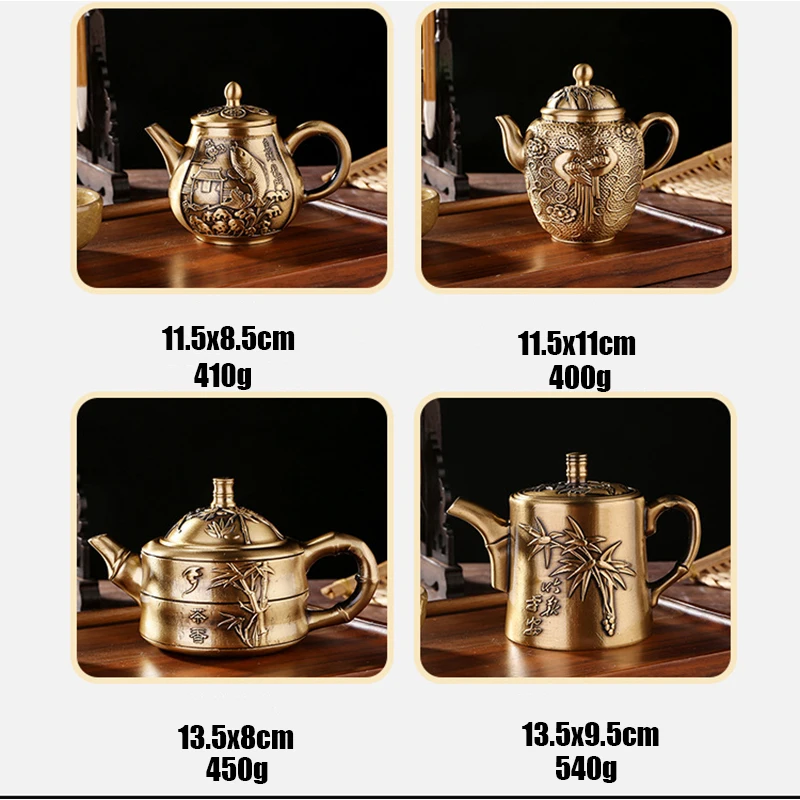 Pure Brass Tea Pot Handle Pot Decorations, Full of Happiness and Longevity, Fish Leaping, Dragon Gate, Small Tea Pot, Tea Set